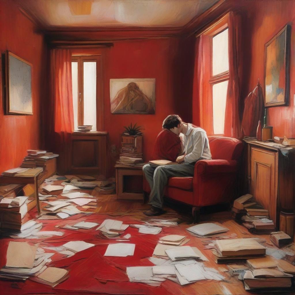 A canvas painting in an old-fashioned, messy room with red walls, leather seats, and books scattered around