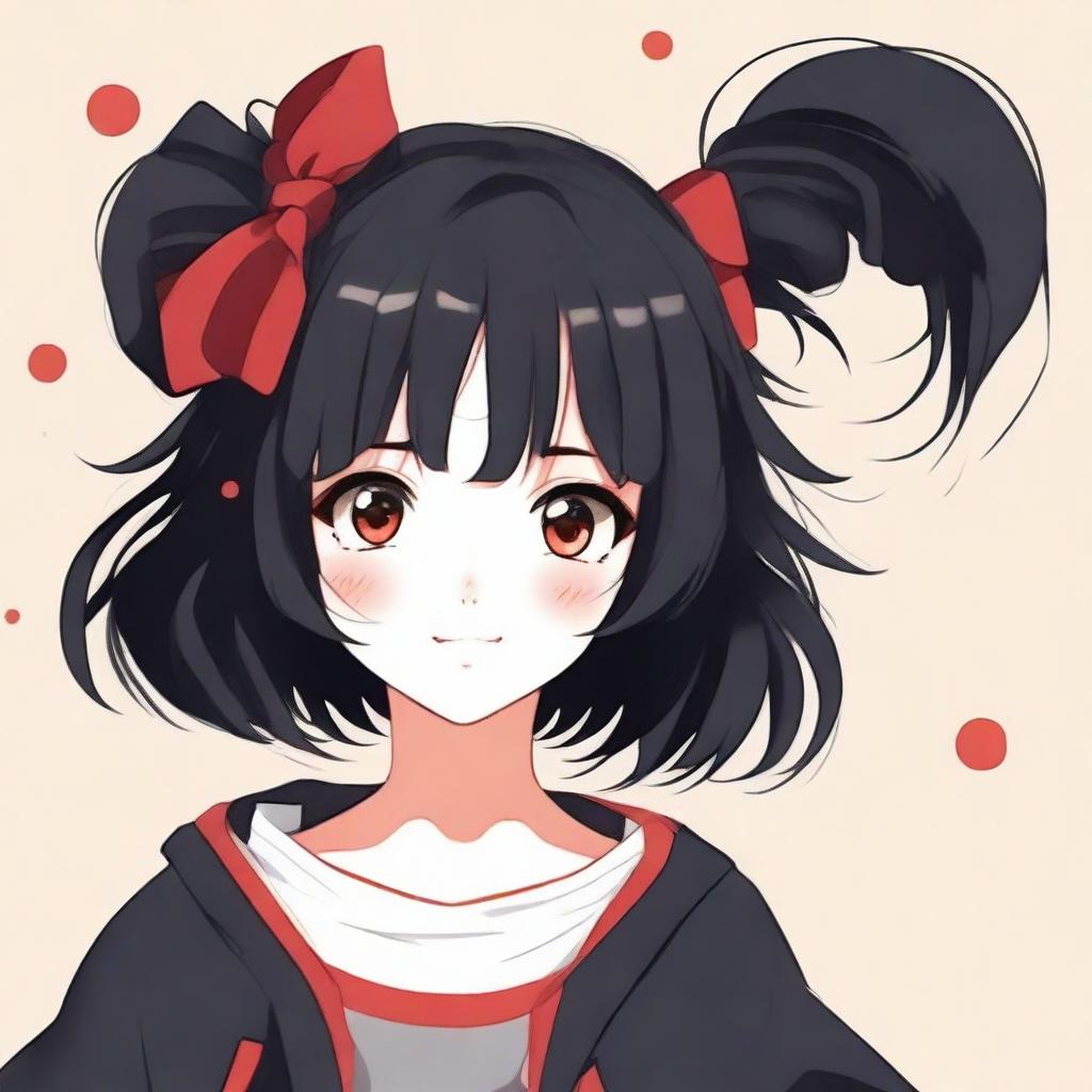 Create a cute anime-style illustration of a girl with black hair and red eyes