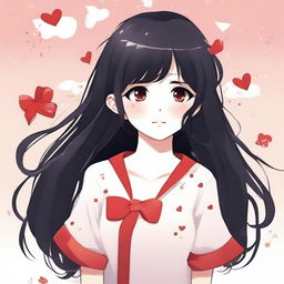 Create a cute anime-style illustration of a girl with black hair and red eyes