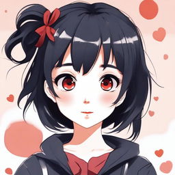 Create a cute anime-style illustration of a girl with black hair and red eyes