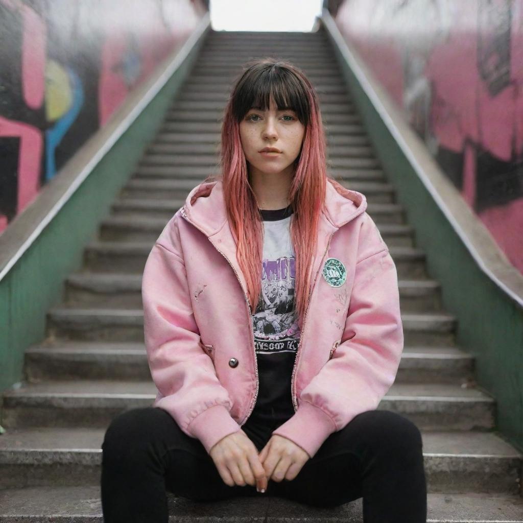 casual photograpy medium body, hip hop style clothes pink and black jacket, sneakers, female , 23 year old with green eyes and black long hai with withe streaks in the bangs .,freckles, selfie, graffiti background subway stairs, medium distance shot, 4k hd,  --styerw--v 5.2 ar 2-3