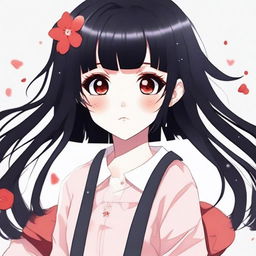 Create a cute anime-style illustration of a girl with black hair and red eyes