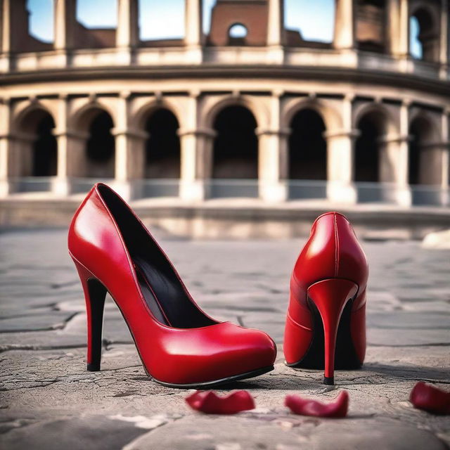 A pair of stylish red high heels placed in front of the iconic Colosseum in Rome