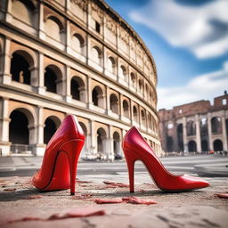 A pair of stylish red high heels placed in front of the iconic Colosseum in Rome