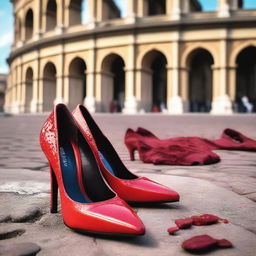 A pair of stylish red high heels placed in front of the iconic Colosseum in Rome