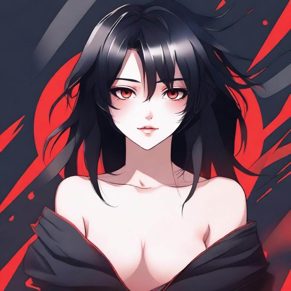 Create a sexy anime-style illustration of a girl with black hair and red eyes