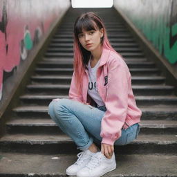 casual photograpy medium body, hip hop style clothes pink and black jacket, sneakers, female , 23 year old with green eyes and black long hai with withe streaks in the bangs .,freckles, selfie, graffiti background subway stairs, medium distance shot, 4k hd,  --styerw--v 5.2 ar 2-3