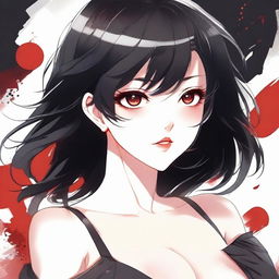 Create a sexy anime-style illustration of a girl with black hair and red eyes