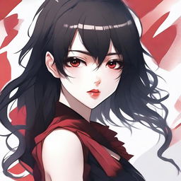 Create a sexy anime-style illustration of a girl with black hair and red eyes