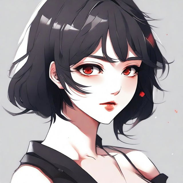 Create a sexy anime-style illustration of a girl with black hair and red eyes