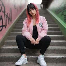 casual photograpy medium body, hip hop style clothes pink and black jacket, sneakers, female , 23 year old with green eyes and black long hai with withe streaks in the bangs .,freckles, selfie, graffiti background subway stairs, medium distance shot, 4k hd,  --styerw--v 5.2 ar 2-3