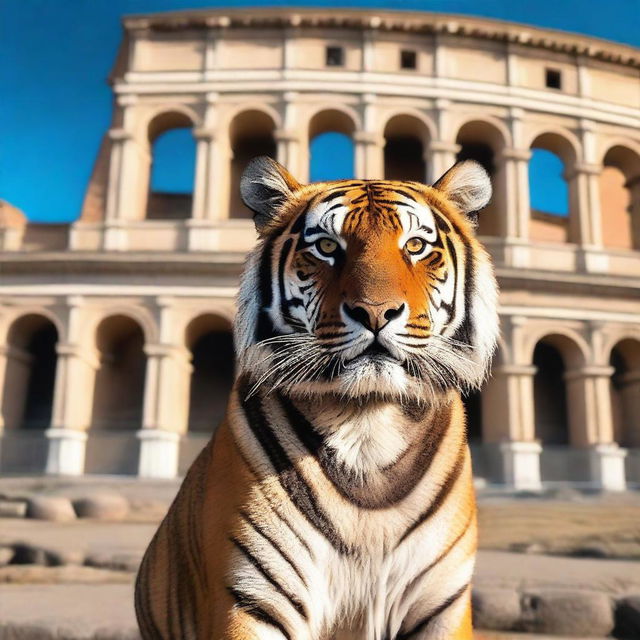 A majestic tiger standing proudly in front of the ancient Colosseum in Rome