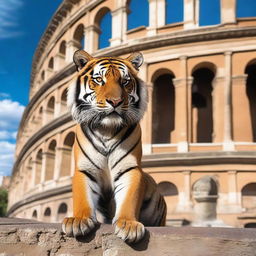 A majestic tiger standing proudly in front of the ancient Colosseum in Rome