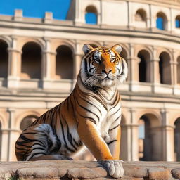 A majestic tiger standing proudly in front of the ancient Colosseum in Rome