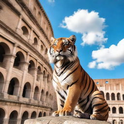 A majestic tiger standing proudly in front of the ancient Colosseum in Rome