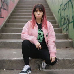 casual photograpy medium body, hip hop style clothes pink and black jacket, sneakers, female , 23 year old with green eyes and black long hai with withe streaks in the bangs .,freckles, selfie, graffiti background subway stairs, medium distance shot, 4k hd,  --styerw--v 5.2 ar 2-3