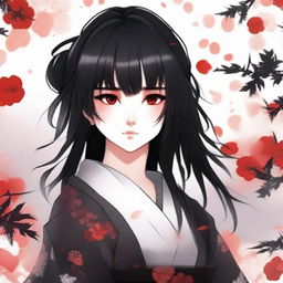 Create a Japanese anime-style illustration of a girl with black hair and red eyes