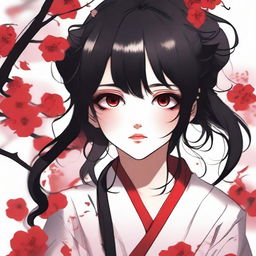 Create a Japanese anime-style illustration of a girl with black hair and red eyes