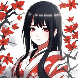 Create a Japanese anime-style illustration of a girl with black hair and red eyes