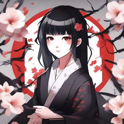 Create a Japanese anime-style illustration of a girl with black hair and red eyes