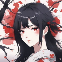 Create an illustration of a girl with black hair and red eyes in a Japanese anime style