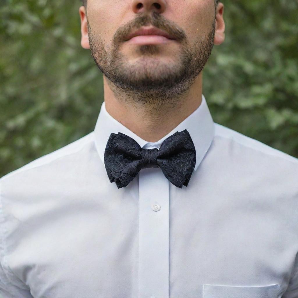 A man showcasing a bow tie around his collar, meticulously designed to imitate the detailed shape of a black oak leaf. This nature-themed accessory replaces the usual bow with an oak leaf shape.