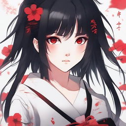 Create an illustration of a girl with black hair and red eyes in a Japanese anime style