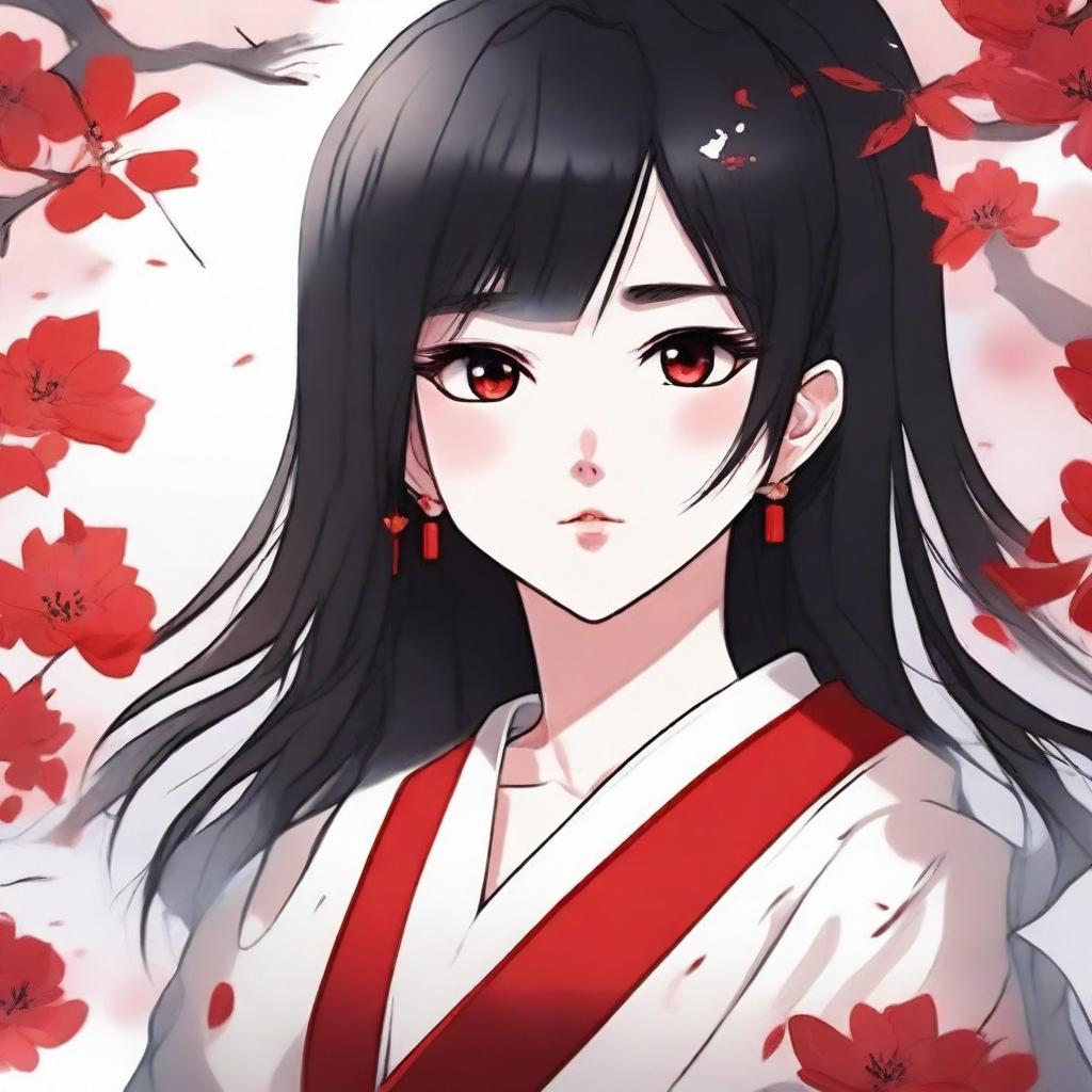 Create an illustration of a girl with black hair and red eyes in a Japanese anime style