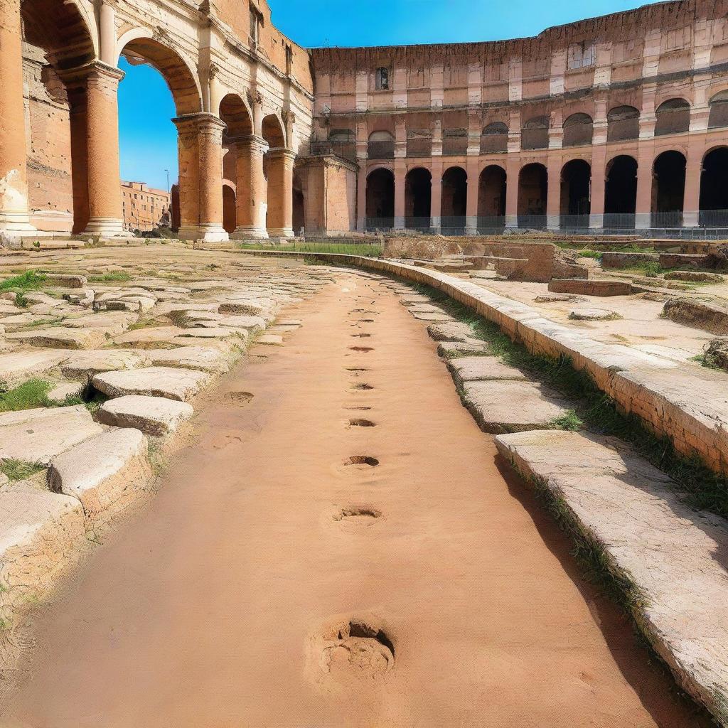 A series of cat footprints leading up to the ancient Colosseum in Rome