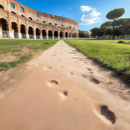 A series of cat footprints leading up to the ancient Colosseum in Rome