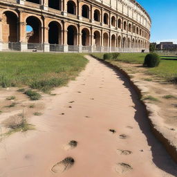 A series of cat footprints leading up to the ancient Colosseum in Rome