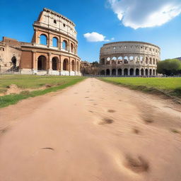 A series of cat footprints leading up to the ancient Colosseum in Rome