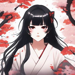 Create an illustration of a girl with black hair and red eyes in a Japanese anime style