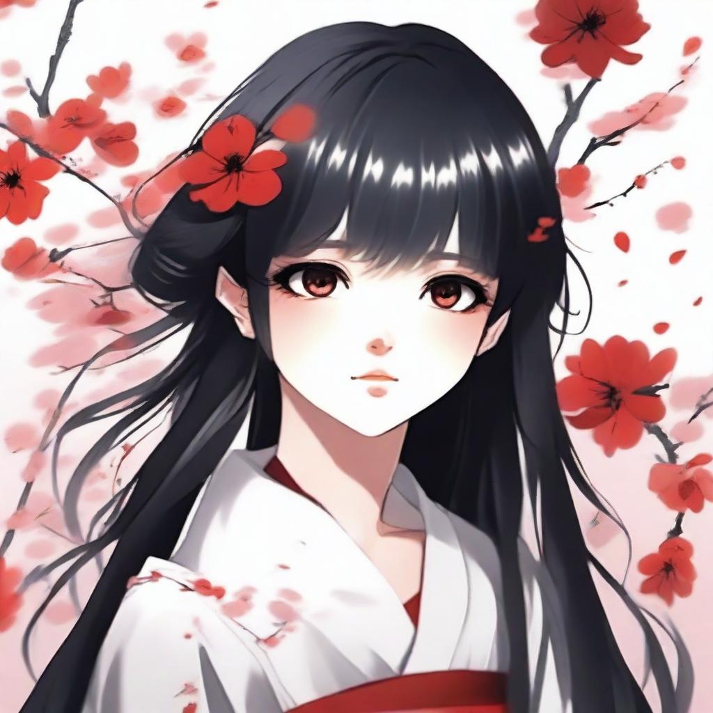 Create an illustration of a girl with black hair and red eyes in a Japanese anime style