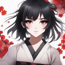 Create an illustration of a girl with black hair and red eyes in a Japanese anime style