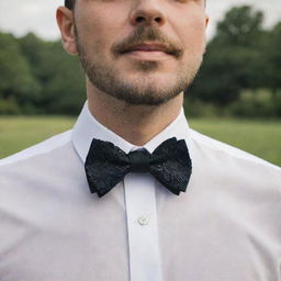 A man showcasing a bow tie around his collar, meticulously designed to imitate the detailed shape of a black oak leaf. This nature-themed accessory replaces the usual bow with an oak leaf shape.