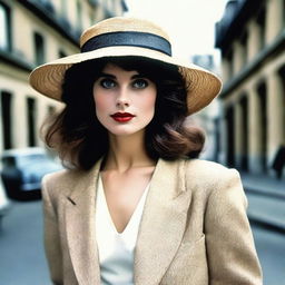 Create an image of a girl inspired by the French actress Valerie Kaprisky, in her 1984 film The Public Woman