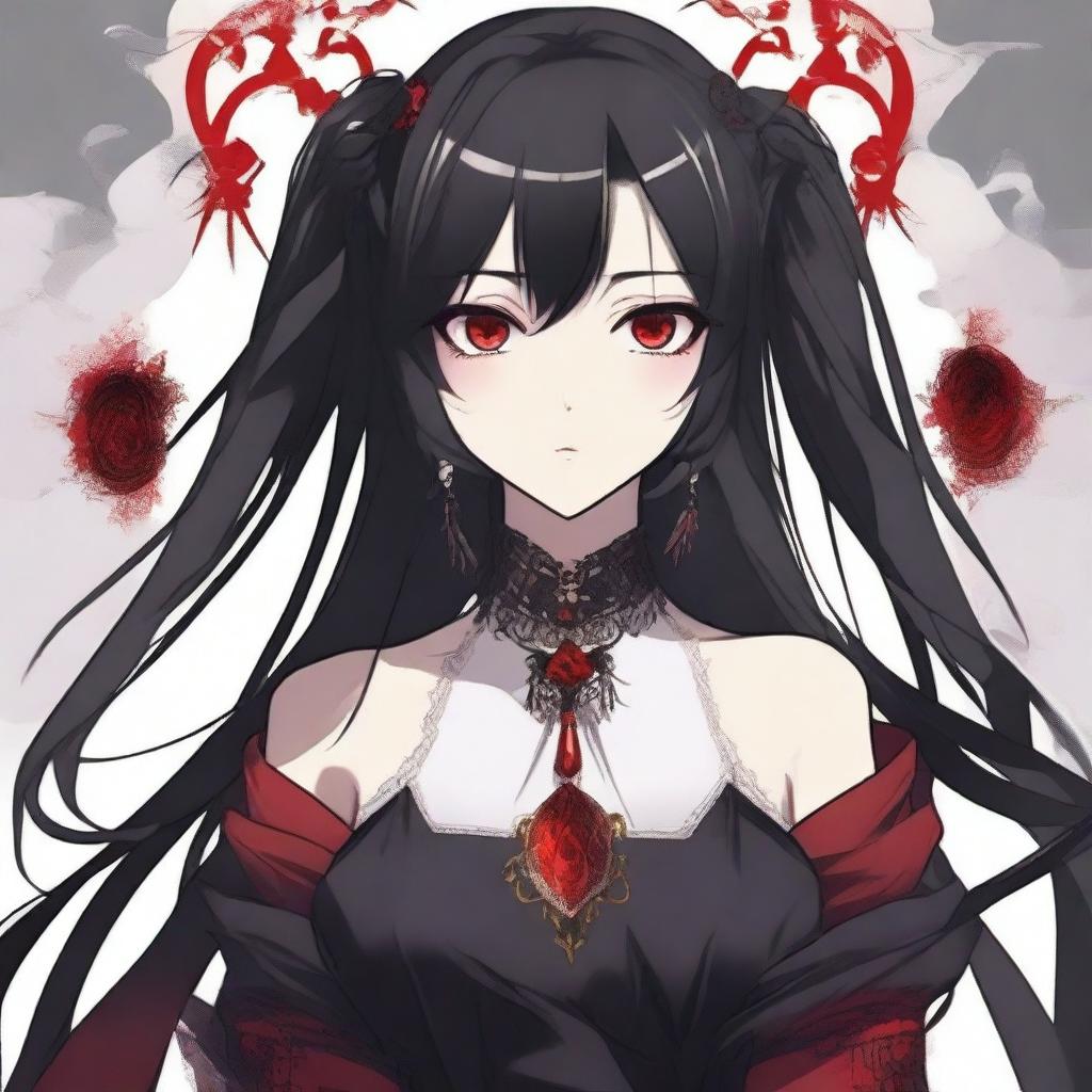 Create an illustration of a girl with black hair and red eyes in a Kamidere anime style