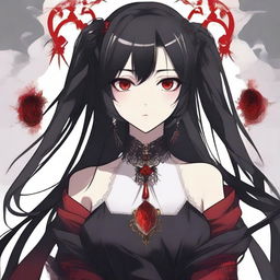 Create an illustration of a girl with black hair and red eyes in a Kamidere anime style