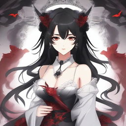 Create an illustration of a girl with black hair and red eyes in a Kamidere anime style