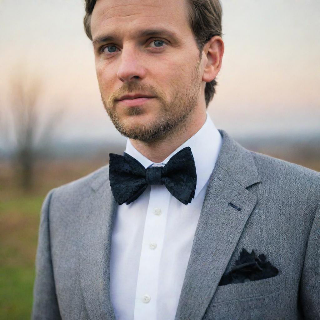 A man showcasing a bow tie around his collar, meticulously designed to imitate the detailed shape of a black oak leaf. This nature-themed accessory replaces the usual bow with an oak leaf shape.