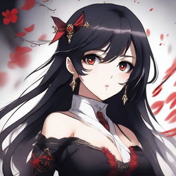 Create an illustration of a girl with black hair and red eyes in a Kamidere anime style