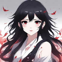 Create an illustration of a girl with black hair and red eyes in a Kamidere anime style