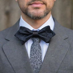 A man showcasing a bow tie around his collar, meticulously designed to imitate the detailed shape of a black oak leaf. This nature-themed accessory replaces the usual bow with an oak leaf shape.