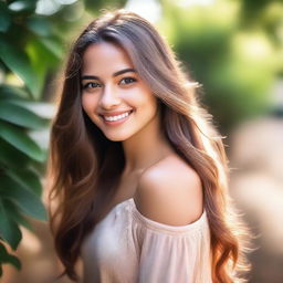 A portrait of a beautiful girl with radiant skin, sparkling eyes, and a warm smile