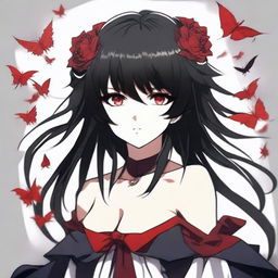 Create an illustration of a girl with black hair and red eyes in a Kamidere anime style