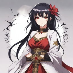 Create an illustration of a girl with black hair and red eyes in a Kamidere anime style