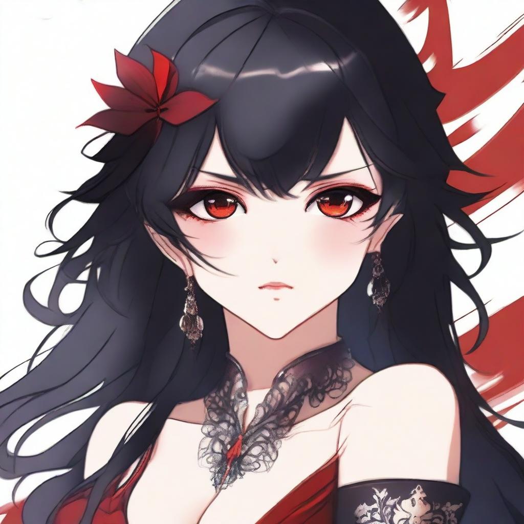 Create an illustration of a girl with black hair and red eyes in a Kamidere anime style