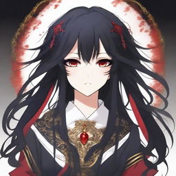 Create an illustration of a girl with black hair and red eyes in a Kamidere anime style