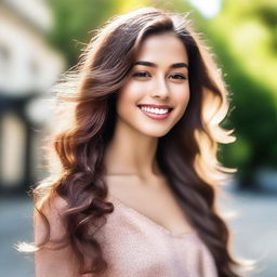 A portrait of an attractive young woman with radiant skin, sparkling eyes, and a confident smile